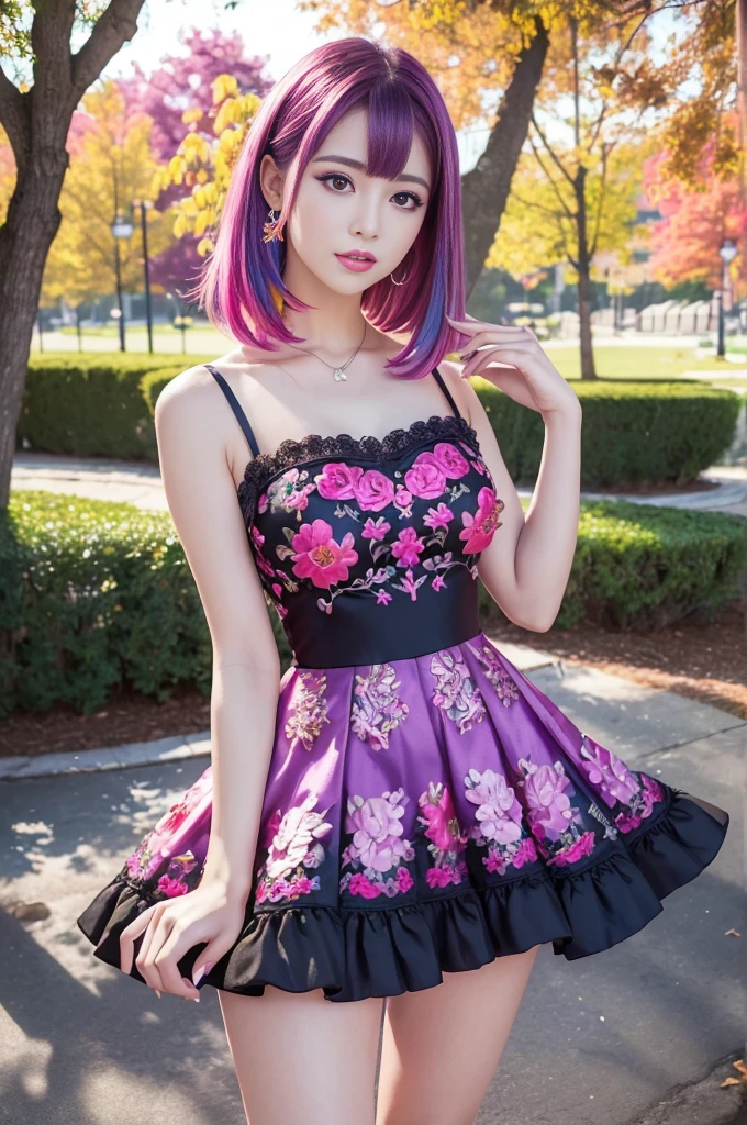 (masterpiece:1.4), (best quality:1.4), ultra high res, ultra high resolution, ((detailed facial features)), HDR, (realistic, photorealistic, photo-realistic:1.37), full body Esbian, sexy Swedish model, (-anime), only 1 model, vivid colors, ((vivid colors multicolor (fuchsia, pink, light blue, purple) very short hair)), (happy smile), lip-gloss, long lashes, defined eyebrows, wearing a red silk Paradise Kiss cosplay dress with black floral embroidery, ((vivid colors outfit)), vivid colors, look at the camera, cinematic light, large park background with trees, sweet and sexy pose