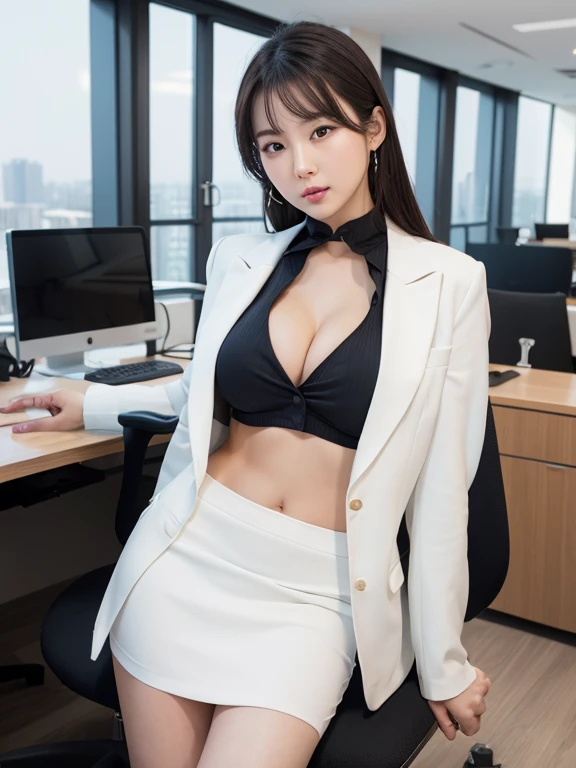 In a company office on the top floor of a high-rise building, the boss of a  Korean beauty lifts up her skirt and、With my own hands I pulled up the thin  of my panties and made them dig into my pussy.、She wants her young handsome subordinate to see the slit of her hairless pussy。She was wearing a white suit jacket over her bare breasts with no bra, exposing her cleavage.、She rolled up her white skirt, which matches her jacket, with all her might.、She spreads her legs wide in her luxurious office chair to seduce a man.、The way she looks up at the young man with her eyes fawning on him is .。