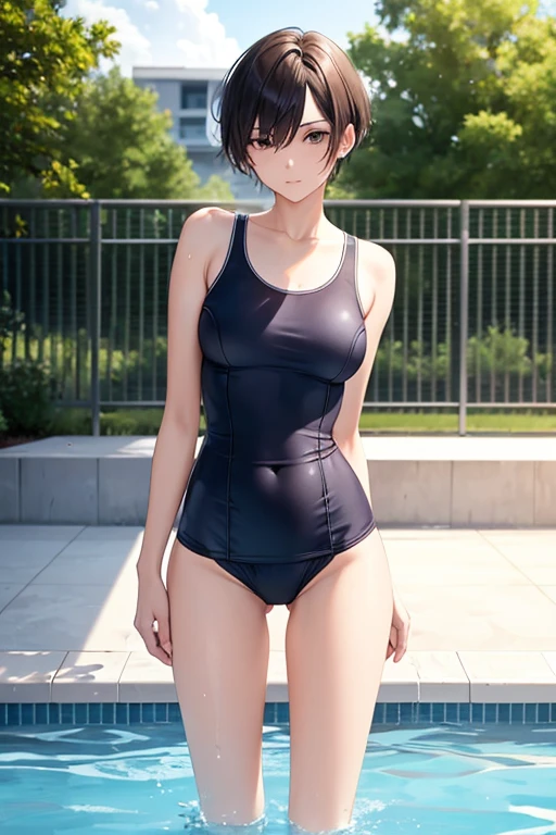 boyish tall slender short hair senior 15age Small breasts Wet school swimsuit School poolside Are standing cool Beauty
