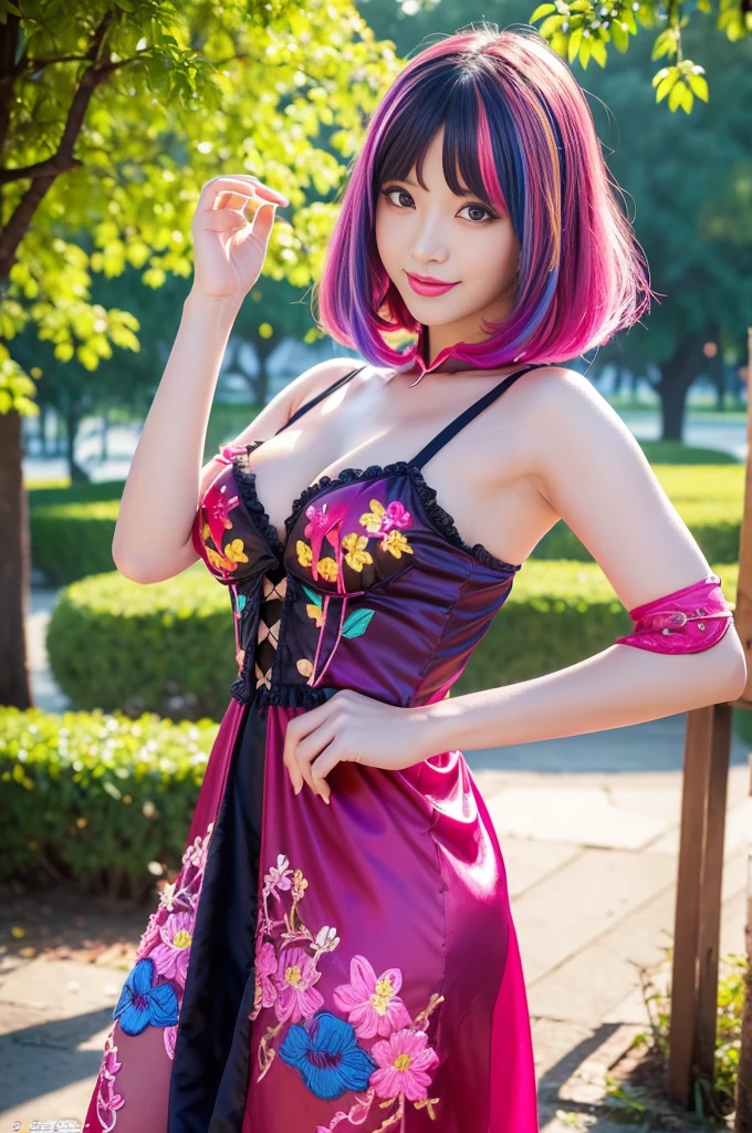 (masterpiece:1.4), (best quality:1.4), ultra high res, ultra high resolution, ((detailed facial features)), HDR, (realistic, photorealistic, photo-realistic:1.37), full body Esbian, sexy Swedish model, (-anime), only 1 model, vivid colors, ((vivid colors multicolor (fuchsia, pink, light blue, purple) very short hair)), (happy smile), lip-gloss, long lashes, defined eyebrows, wearing a red silk Paradise Kiss cosplay dress with black floral embroidery, ((vivid colors outfit)), vivid colors, look at the camera, cinematic light, large park background with trees, sweet and sexy pose
