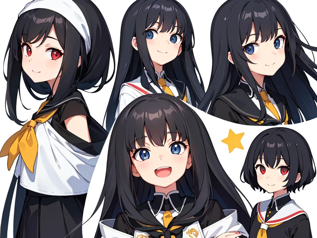 girl、Long Black Hair、cute、high school student、smile、White background、Face close-up、Character Design、Facial expressions from various angles
