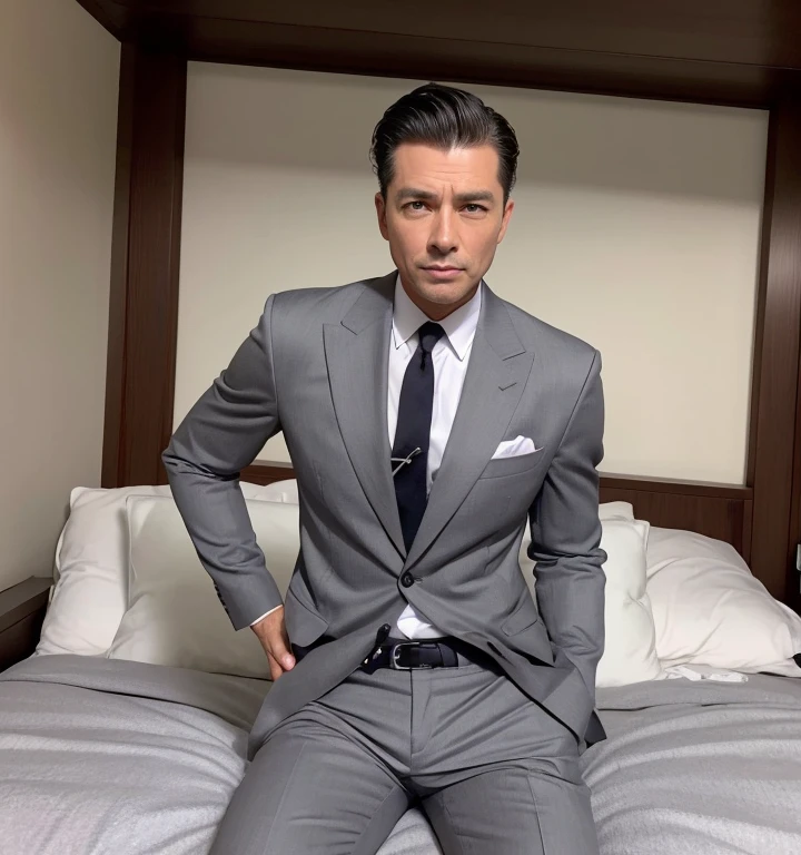 50 years old,One Man,Grey suit,mafia、Bedroom,legs wide open,Boss sitting、The crotch area of the pants is bulging,logic,Gay ,Very short slicked back hair,Stubble,Asian Faces,Dad。chest hair。pubic hair。