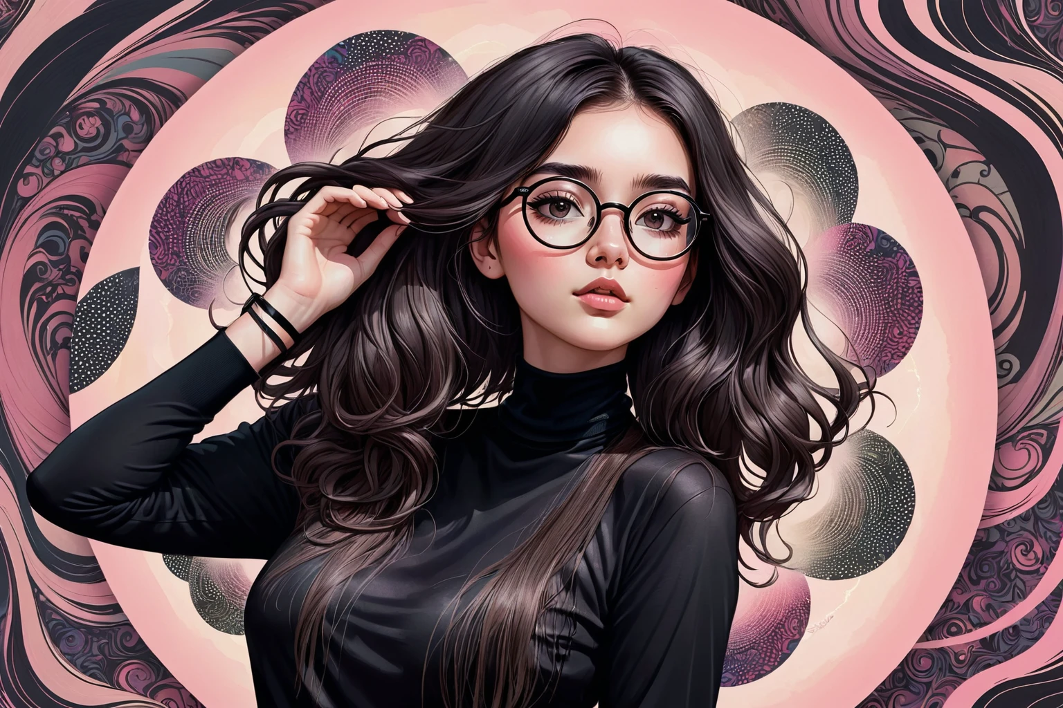 Digital illustration of a young woman with fair skin and long, dark hair. She is wearing large, round glasses with a pinkish tint and a black choker necklace. Her expression is neutral, and she is holding a strand of her hair with her right hand. The background is a mix of dark and muted colors with abstract patterns and text, giving the image a modern and slightly edgy feel. The overall style is a blend of realism and sketch, with detailed facial features and a painterly texture.
