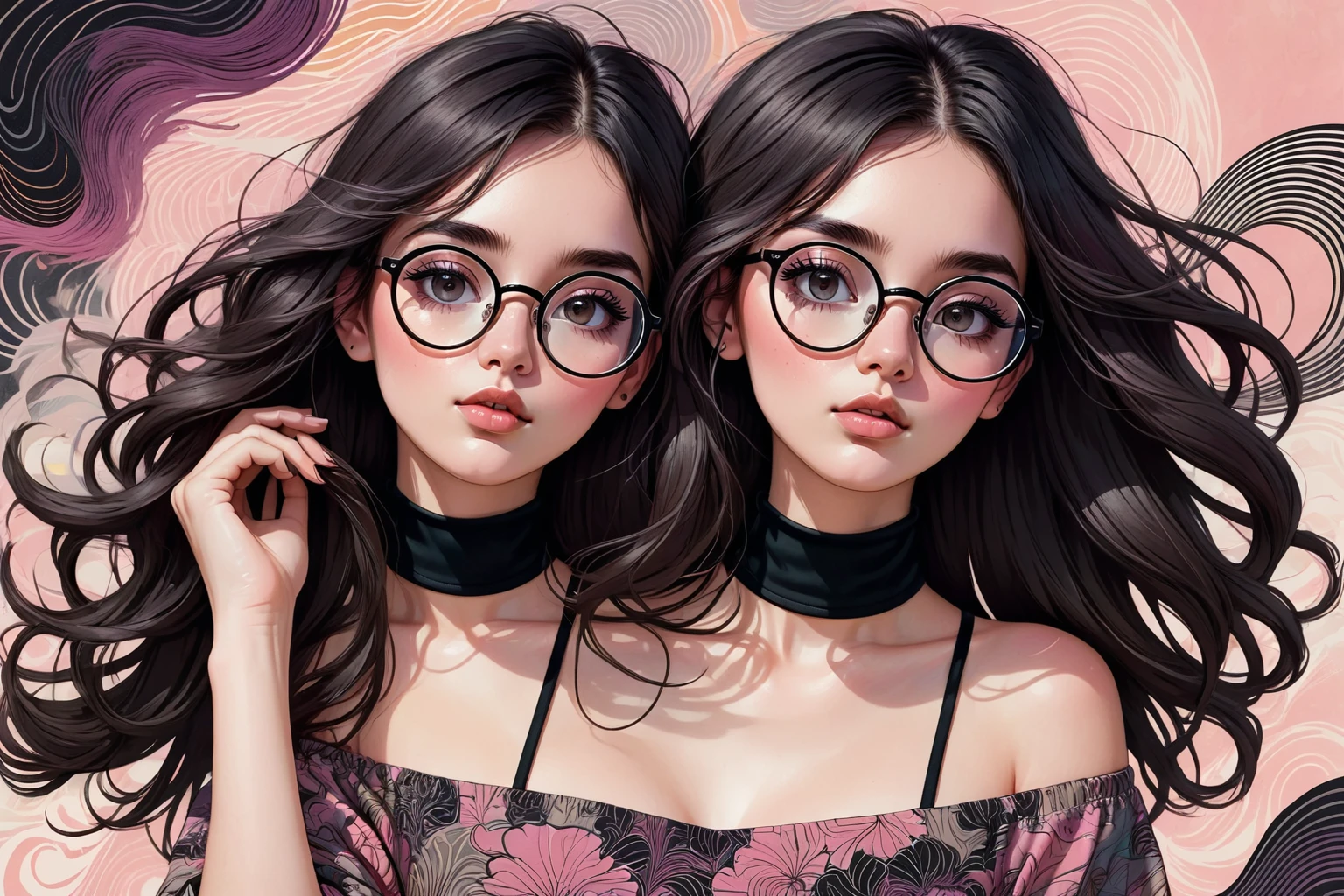 Digital illustration of a young woman with fair skin and long, dark hair. She is wearing large, round glasses with a pinkish tint and a black choker necklace. Her expression is neutral, and she is holding a strand of her hair with her right hand. The background is a mix of dark and muted colors with abstract patterns and text, giving the image a modern and slightly edgy feel. The overall style is a blend of realism and sketch, with detailed facial features and a painterly texture.
