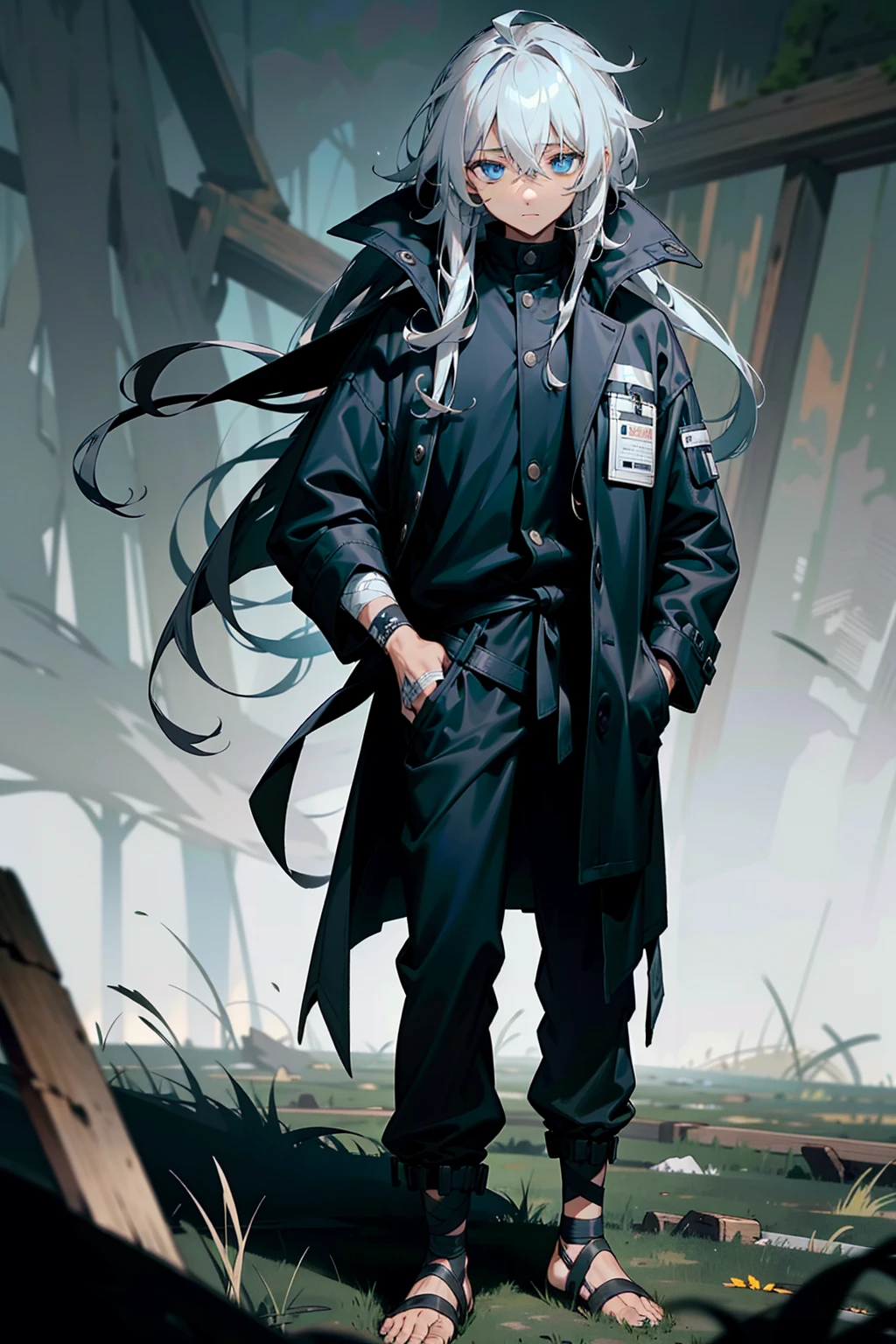 1male, tan skin, black highlighted hair, black and white hair, messy hair, wavy hair, blue eyes, expressionless, (dark blue oversized coat), black joggers, black undershirt, bandaged clothing, grassland background, standing on path, hands to side, hands down
