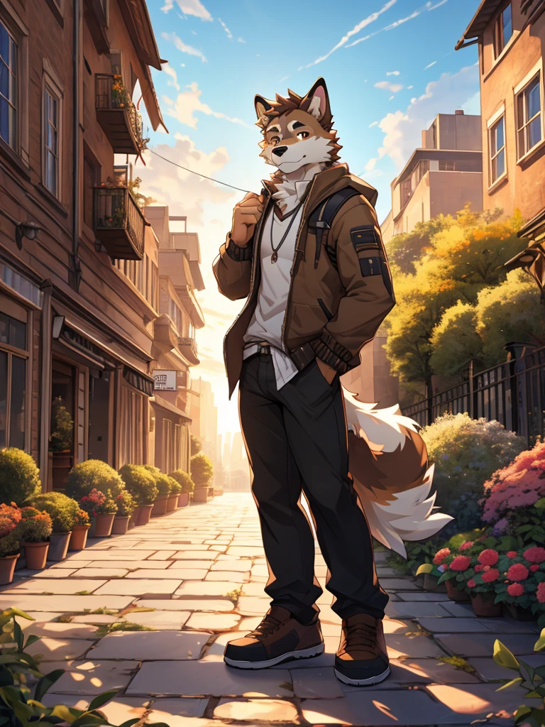 (Maximum Fineness, Dynamic HDR, 8K, FULL HD). Furry, Solo, Adult, A dog with white fur and Pale warm brown and Darker Brown on its body, Brown eyes, Black eyebrows,white fur and Pale warm brown and Darker Brown on Tail Big, Wear random clothes, Wear random pants, City,sky,sunny, in Garden.
