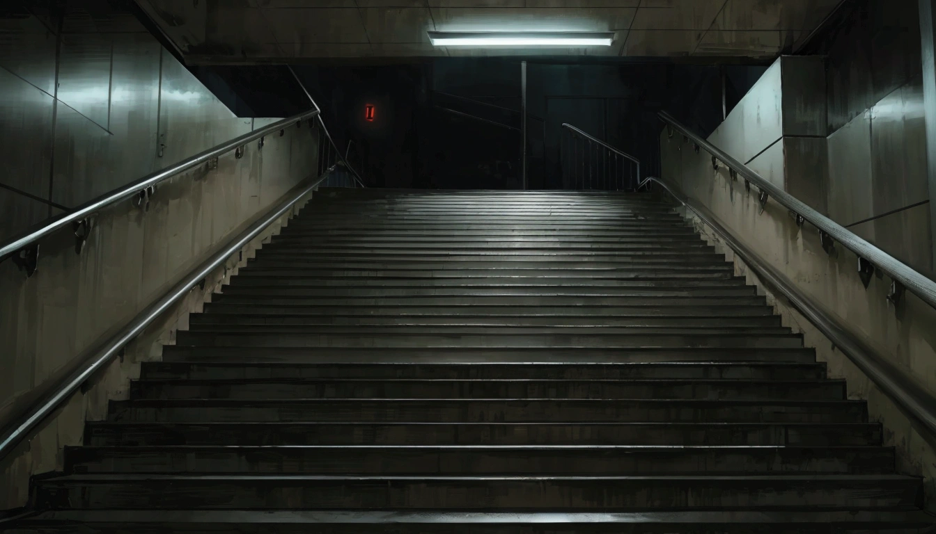 a dark stairway way with a light at the end, the scary empty liminal spaces, an empty liminal space, empty liminal space, coming down the stairs, stairs, stairway, unsettling creepy liminal space