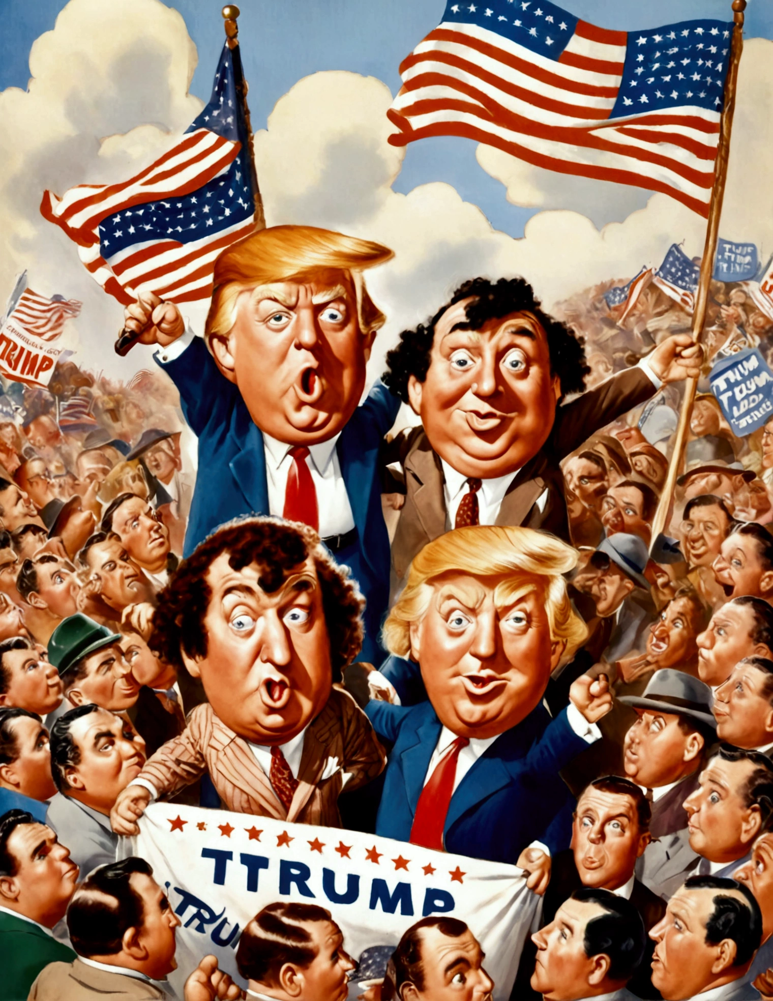 the three stooges (Moe, Larry, and Curly) (dressed appropriate to the scene), attend a Trump rally (huge crowd) and hold up a Trump banner, 1940s styling
