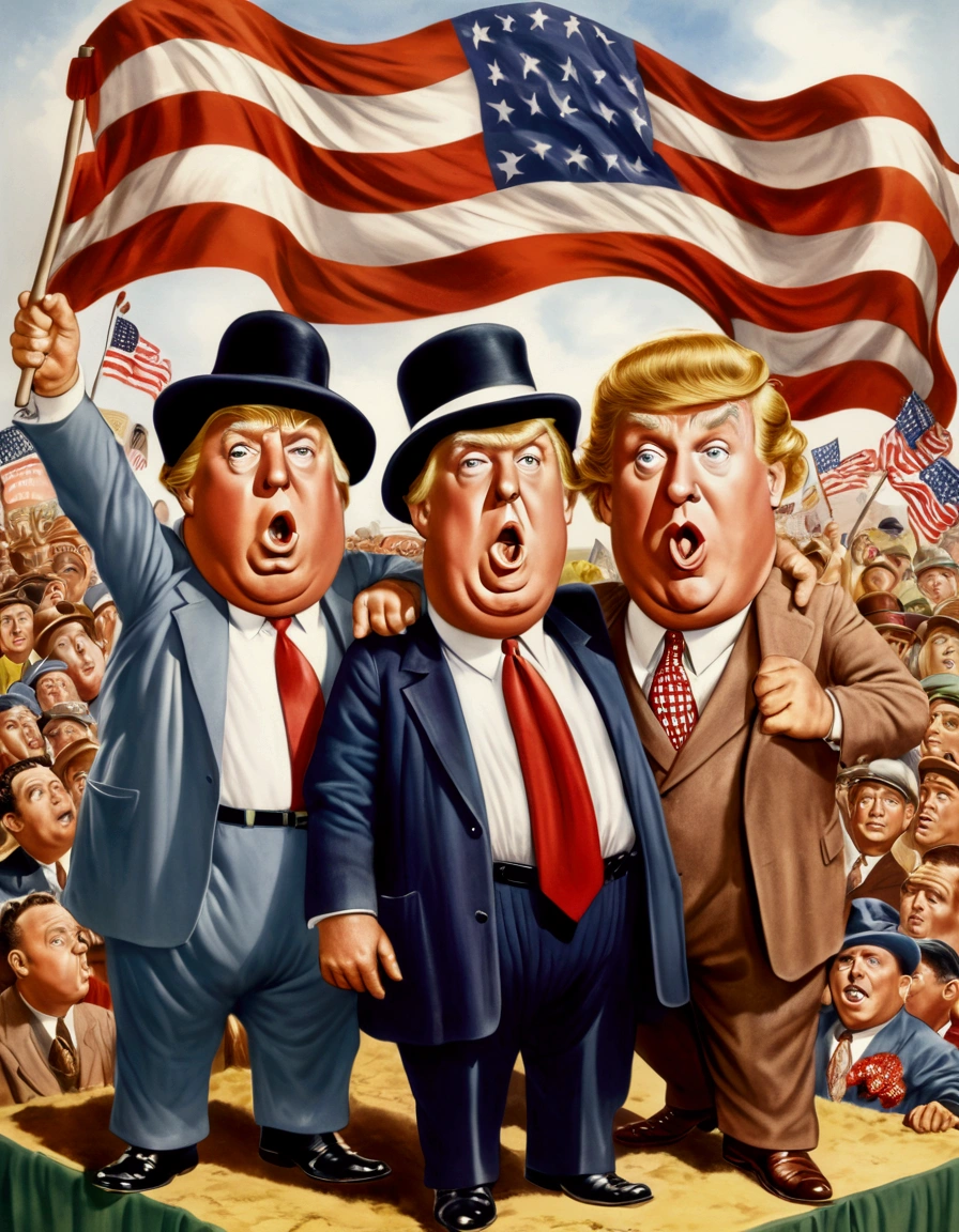 the three stooges (Moe, Larry, and Curly) (dressed appropriate to the scene), attend a Trump rally (huge crowd) and hold up a Trump banner, 1940s styling
