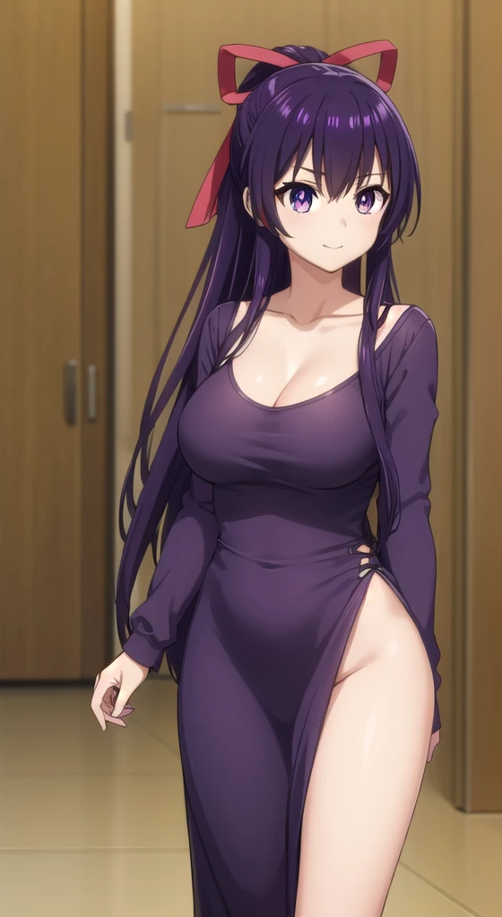 tohkayatogami, tohka yatogami casual, long hair, purple hair, alluringly smile , Long-Sleeve Scoop Neck Plain Mermaid Evening black Gown,(purple eyes:1.1), hair ribbon, ponytail, purple hair, white ribbon, E cup breasts, bewitched thighs, slender waist, plump butt , high heels 
BREAK ,
BREAK daylight ,alone, 
BREAK looking at viewer, standing, elegant poses 
BREAK (masterpiece:1.2), best quality, high resolution, unity 8k wallpaper, (illustration:0.8), (beautiful detailed eyes:1.6), extremely detailed face, perfect lighting, extremely detailed CG, (perfect hands, perfect anatomy),