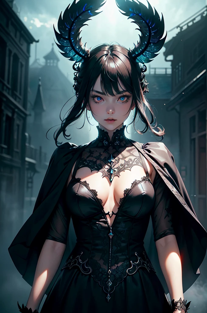 (digital painting),(best quality), masterpiece, 8k resolution, (dark mood background:1.4), dark fantasy, ecchi, anime girl, one girl, solo, beautiful girl, goth girl, pale skin, big breast, seducing, (sad face: 1.2), detailed lips, beautiful lips, red lips, big eyes, (red eyes:1.2), glowing eyes, (very detailed eyes:1.4), cute girl, short hair, black hair, fishnet stockings, crown, dramatic lighting, deep shadows, (view from above:1.2), looking upwards, (wide angle lens distortion:1.2), full body
