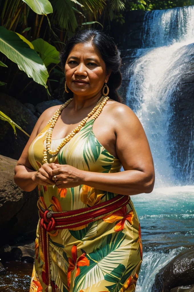 painting of a 50 year old Hawaiian woman with traditional clothes, dancing in front of a waterfall, curvy, inspired by Fernando Amorsolo, photorealistic oil on canvas, realistic oil on linen, oil on canvas painting, 4k oil on linen, extremely detailed oil portrait, oil painting of realistic woman, detailed oil painting portrait, oil on canvas detailed, by Rodel Gonzalez, 8k resolution.oil on canvas