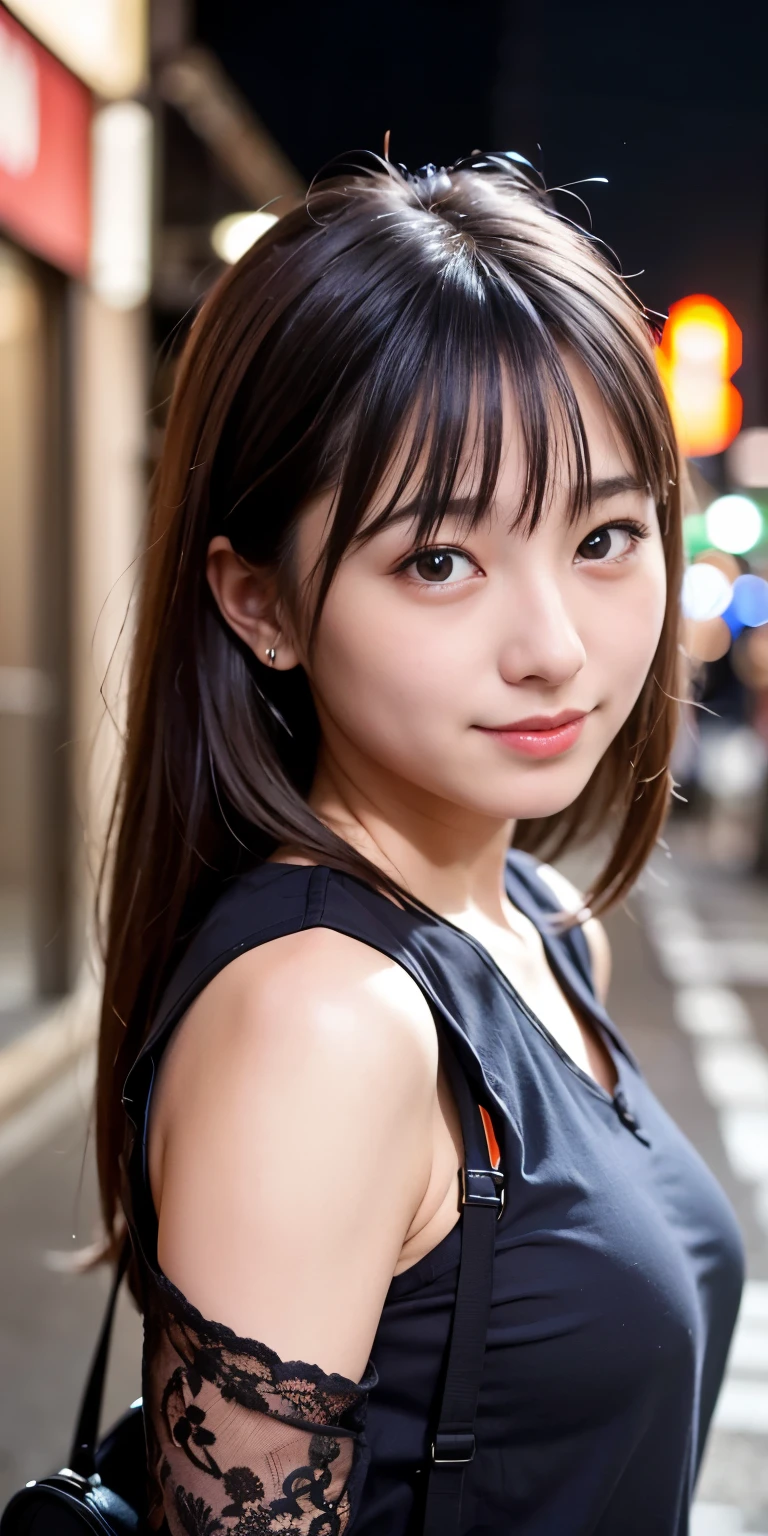 1 girl, Tokyo Street,night, Streetscape,City lights,Upper Body,close,smile,, (8k, RAW Photos, Highest quality, masterpiece:1.2),(Realistic, photo-Realistic:1.37),