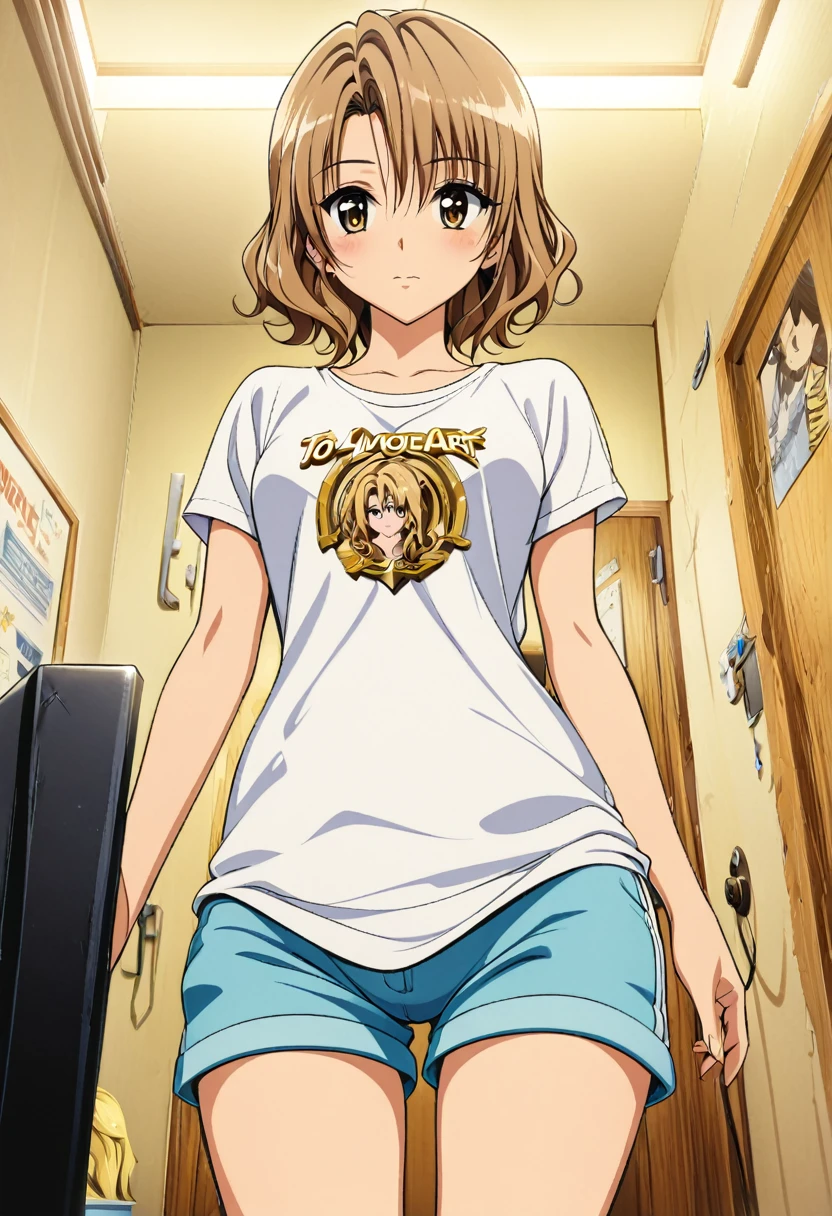 One girl, momioka risa,Style of Yabuki Kentaro, To Love-Ru art style,blonde short hair,wavy hair,brown eyes,shirt,shorts,room,masterpiece, highest quality, Detailed face, Beautiful and detailed eyes, Beautiful Face, Perfect body, Official Art, grand plix award illustration, Professional Lighting,