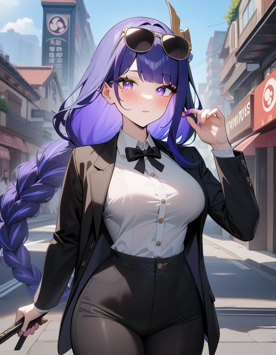 1girl, raiden shogun, genshin impact,Secret agent,sun glasses, suit,cool,city street,masterpiece,very aesthetic,newest,sensitive
