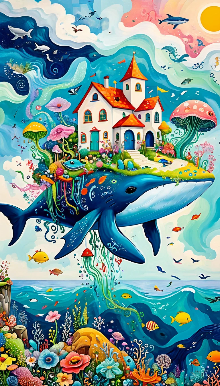 Children's graffiti,Thick coating，Concave and convex texture，Oil pastel strokes：Peaceful seaside，House on the Rock，Flying Whale:1.37、White Cloud、flowesh、Tentacles、bird、(((Eye)))、diatom，Abstract mosaic painting，Describing the inner world of autistic people，Large area of white，interesting，Innocence，Vision，Psychedelic Art，
