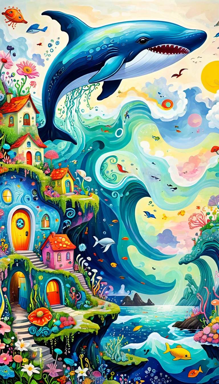 Children's graffiti,Thick coating，Concave and convex texture，Oil pastel strokes：Peaceful seaside，House on the Rock，Flying Whale:1.37、White Cloud、flowesh、Tentacles、bird、(((Eye)))、diatom，Abstract mosaic painting，Describing the inner world of autistic people，Large area of white，interesting，Innocence，Vision，Psychedelic Art，
