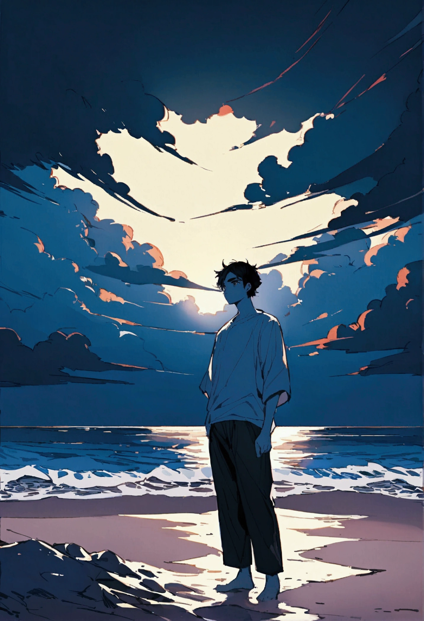 A guy with short, slightly curly black hair, black eyes, slightly dark eyebrows, white skin, wearing a white shirt and trousers, standing on the beach looking out to sea - the beach was deserted without a single person in sight.