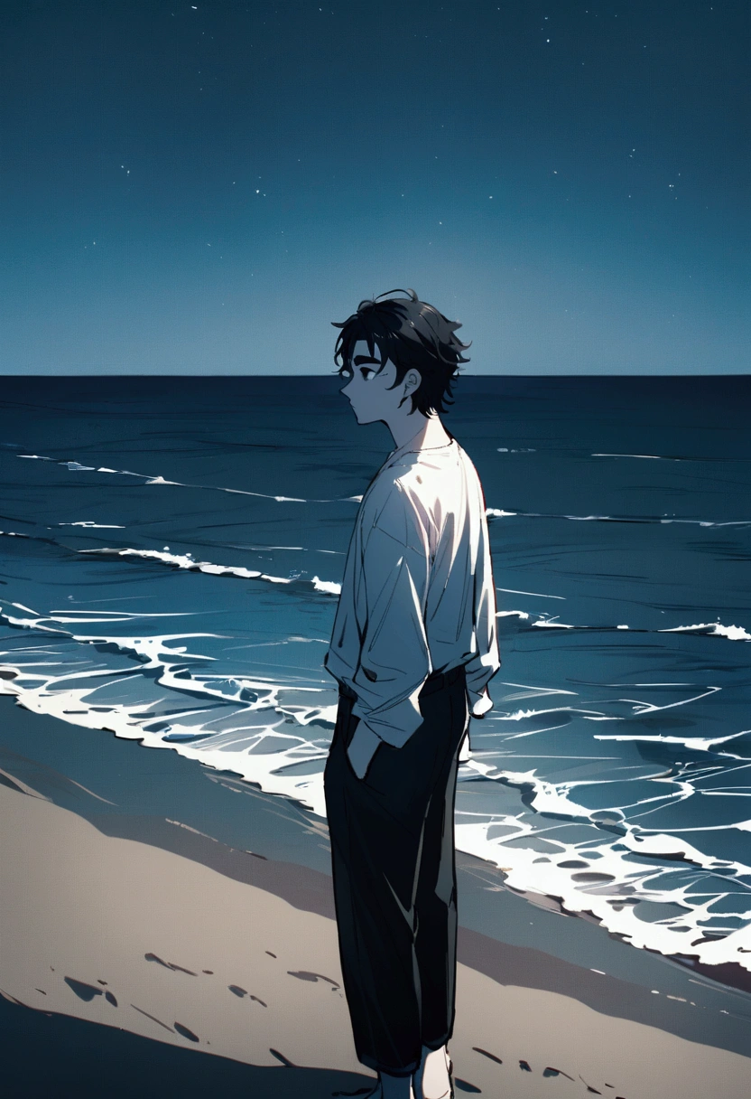 A guy with short, slightly curly black hair, black eyes, slightly dark eyebrows, white skin, wearing a white shirt and trousers, standing on the beach looking out to sea - the beach was deserted without a single person in sight.