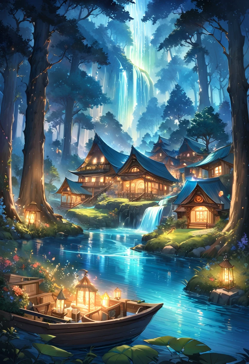 The atmosphere of a village where fairies live deep in the forest., A small forest fairy village, Trees cover half the sky, Hazy Mist, flowing stream of light, Winding small cascading waterfall, nice waterfall, Beautiful fantasy paintings, bioluminescence waterfall, golden heavenly light, Epic surrealist 8K oil painting, A small European-style house is a fairy house, lighting in the house, forest of giant trees, calm stream water, Magnificent tree, Moonlit night,