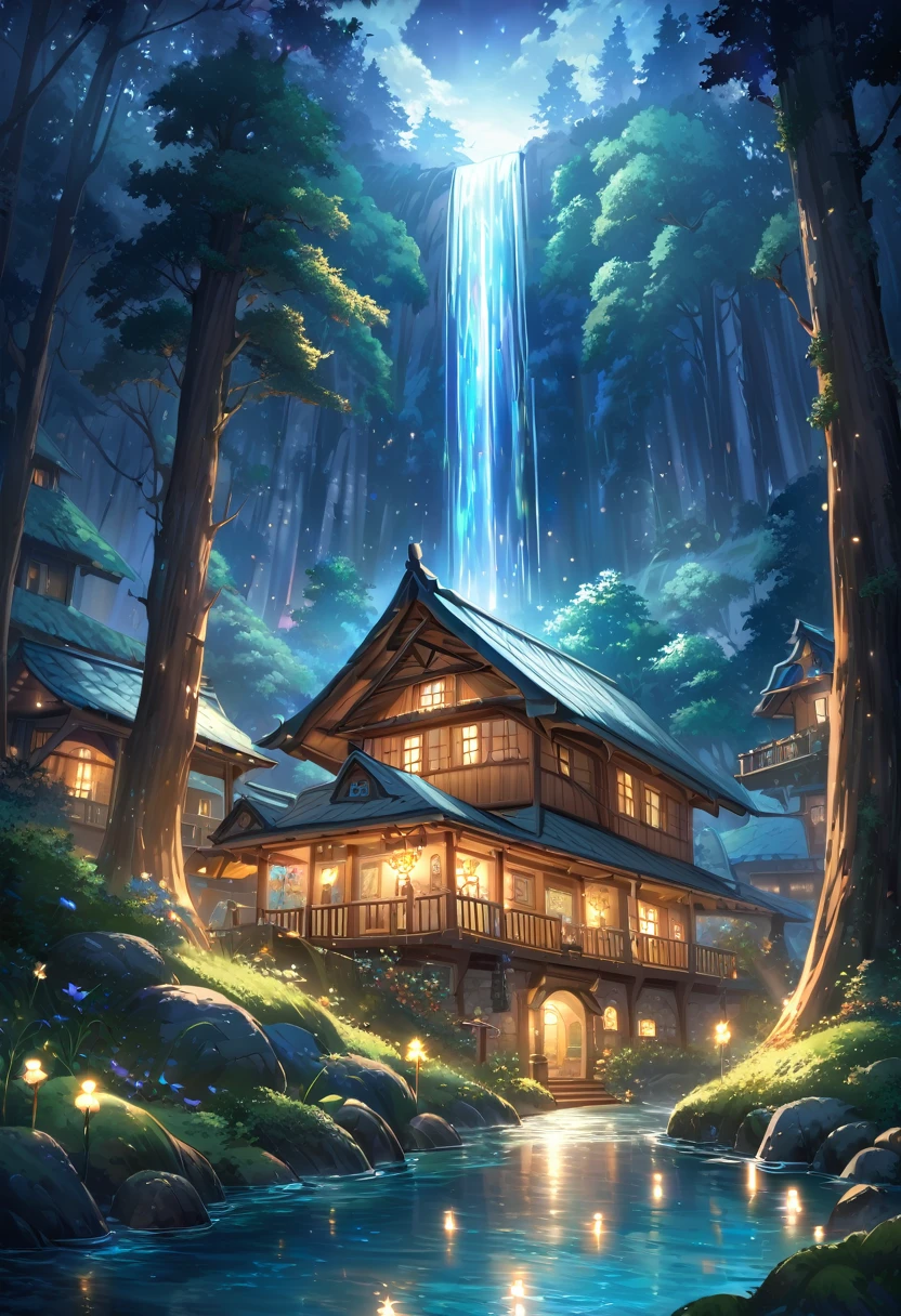 The atmosphere of a village where fairies live deep in the forest., A small forest fairy village, Trees cover half the sky, Hazy Mist, flowing stream of light, Winding small cascading waterfall, nice waterfall, Beautiful fantasy paintings, bioluminescence waterfall, golden heavenly light, Epic surrealist 8K oil painting, A small European-style house is a fairy house, lighting in the house, forest of giant trees, calm stream water, Magnificent tree, Moonlit night,