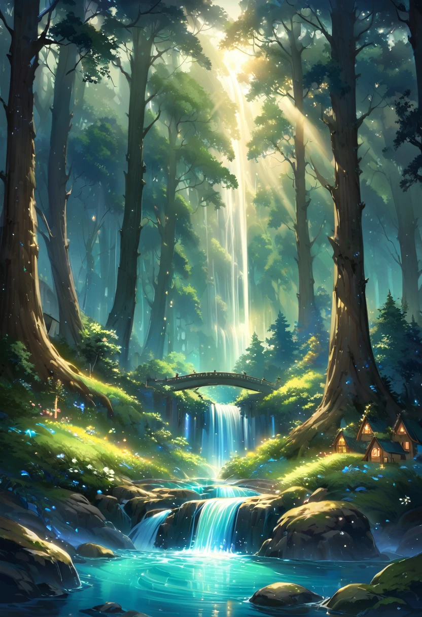 The atmosphere of a village where fairies live deep in the forest., A small forest fairy village, Trees cover half the sky, Hazy Mist, flowing stream of light, Winding small cascading waterfall, nice waterfall, Beautiful fantasy paintings, bioluminescence waterfall, golden heavenly light, Epic surrealist 8K oil painting, A small European-style house is a fairy house, lighting in the house, forest of giant trees, calm stream water, Magnificent tree, Moonlit night,