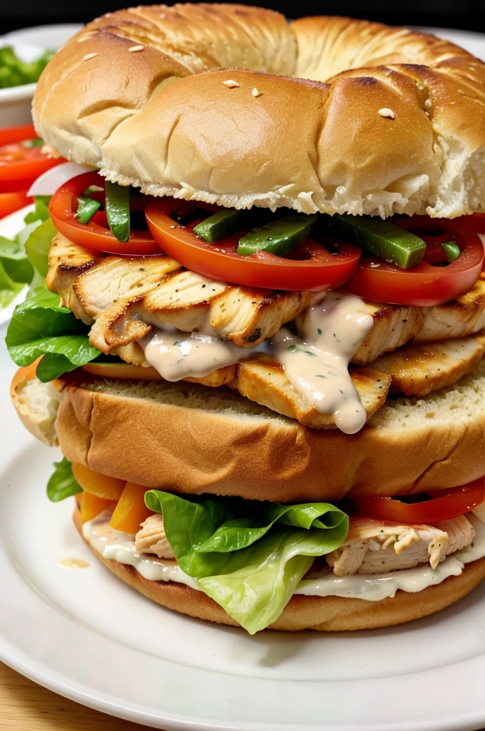 a close-up photo of a chicken sandwich on a plate. The sandwich should be cut in half to reveal the juicy chicken breast and fresh vegetables.