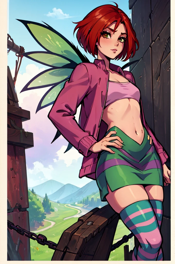 Will Vandom from W.I.T.C.H - cute sexy girl with short red hair, pink jacket with short bottom and long sleeves, green skirt, striped stockings, fairy wings