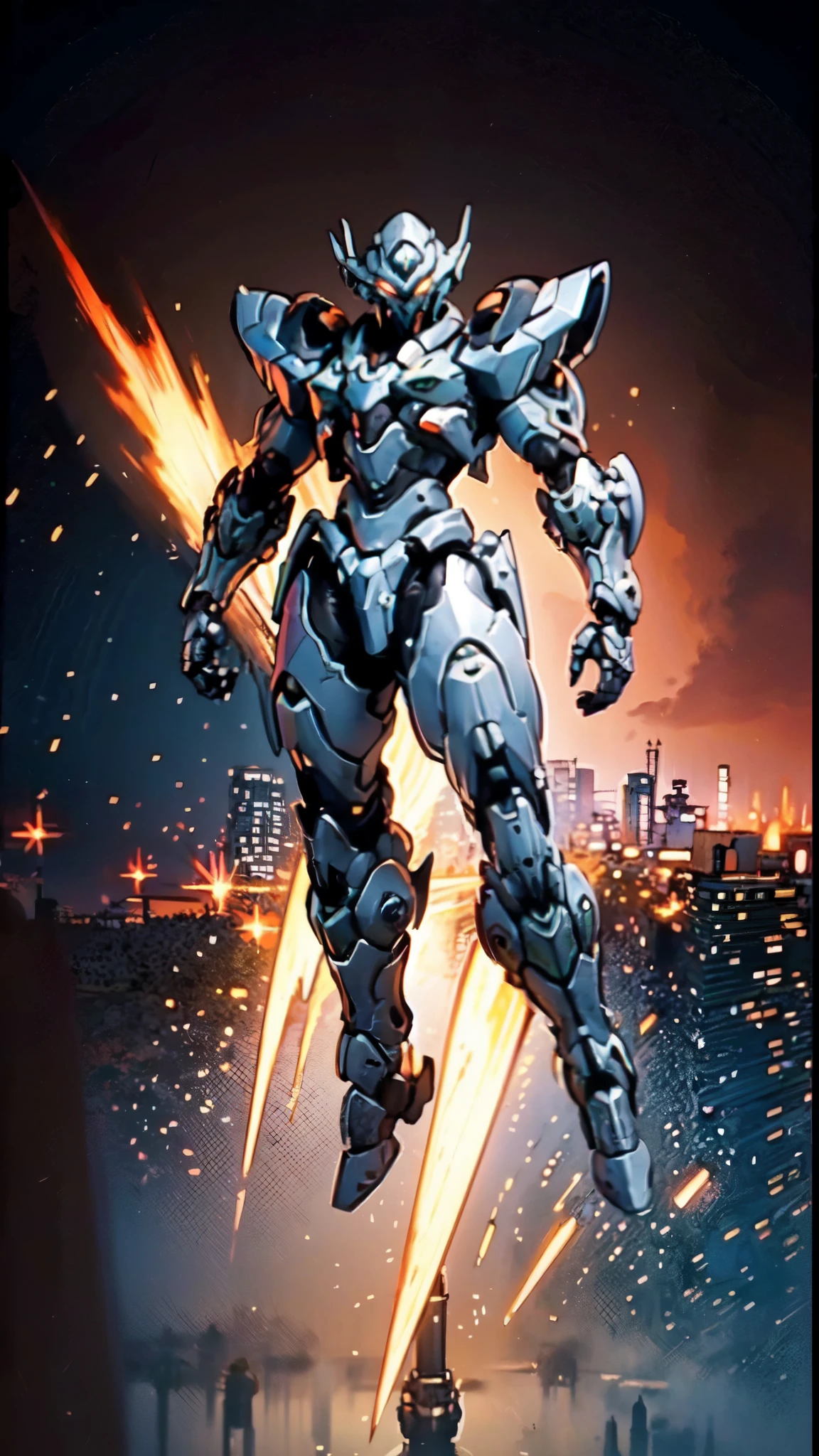 (masterpiece:1.5, best quality:1.5, extremely delicate:1.5), humanoid Mecha, fully enclosed shoulder guards, matching arm and leg guards, full body, full armor, the design balances heavy with agility, (the color scheme is primarily white with red and blue accents, the concept Inspired by Super robot, organic biotech armor, standing, floating high above the futuristic sci-fi city), exquisite and mature art style, (aura effect, energy, glowing eyes, the armor glows), metallic, dramatic, high definition, highres, ultra-detailed, ultra-fine painting, professional, perfect body proportions, anatomically correct, symmetrical face, extremely detailed eyes and face, high quality eyes, creativity, RAW photo, UHD, 32k, Natural light, cinematic lighting, masterpiece-anatomy-perfect