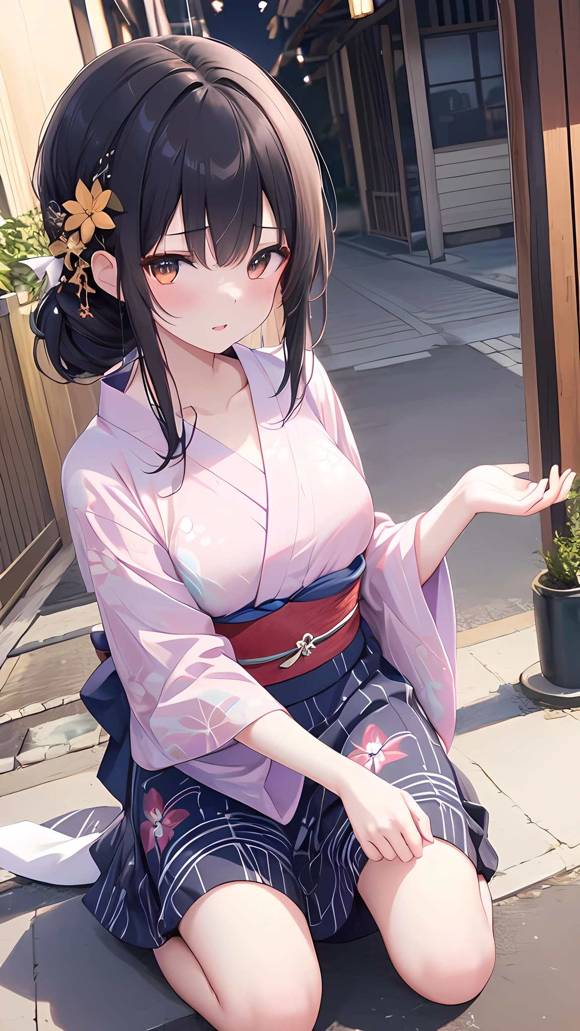(8k, best quality, master piece: 1.2),super high resolution,1 girl, solo, kneel down on the ground and apologize, hands on ground ,ultra-detailed face, Selfie、yukata、Random hairstyle、Random hair color、one's home、(bed)、Midnight、Out of the window、Starry Sky, Collarbone, Ecstatic expression,