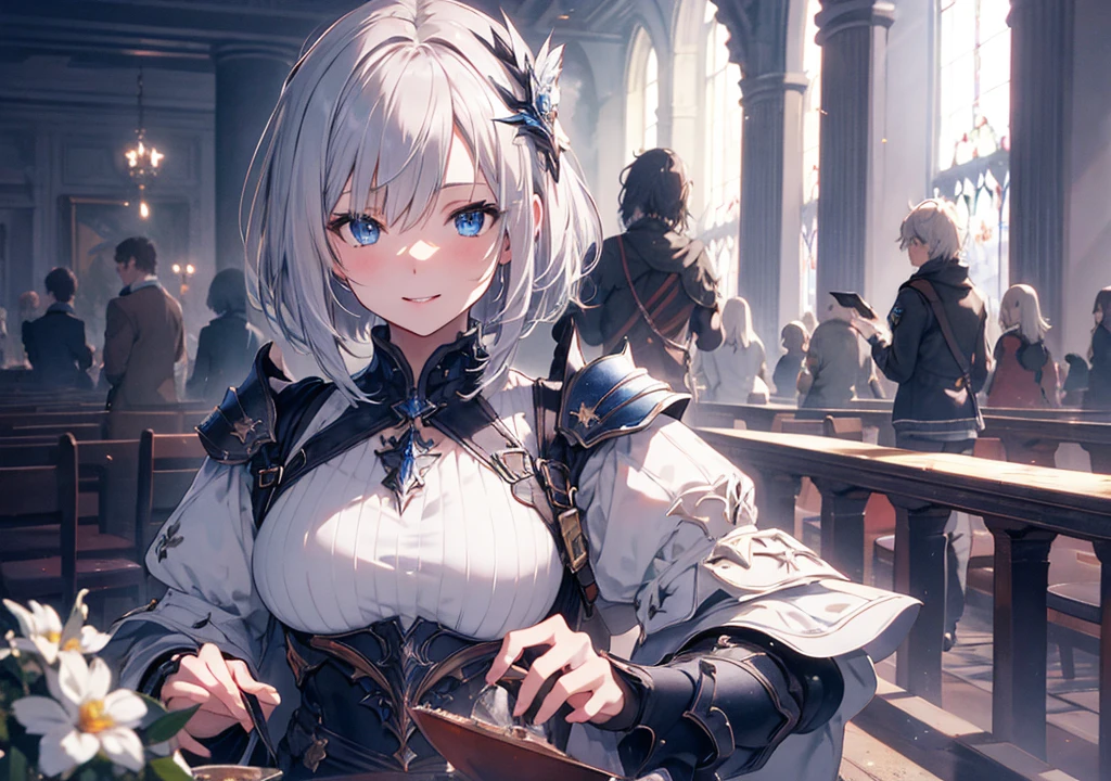 Realistic photos, Focus distance 10mm, Red and white, A big smile, Beautiful girl, Realistic photos, Focus distance 10mmで撮影, masterpiece, 最high quality, high quality, Very detailed CG 8k wallpaper unit, Award-winning photography, Depth of written boundary, High resolution, bloom, chromatic aberration, Realistic, Very detailed, Art Station Trends, CGsociety Trends, Complex, High detail, dramatic, Art on the go, volumetric lighting, Final Fantasy style beautiful girl、Blue Eyes、Platinum bob cut、Holy Knight's Armor、A shining cathedral in the background