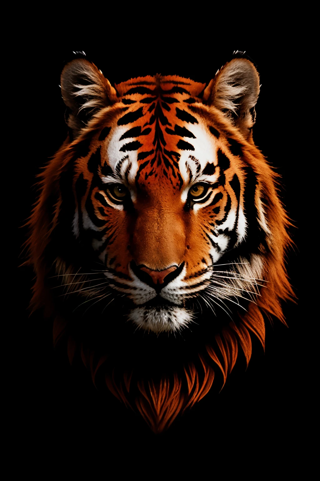 red tiger head with black moxin style that is on a black background #040404 and let the red be #ee0404