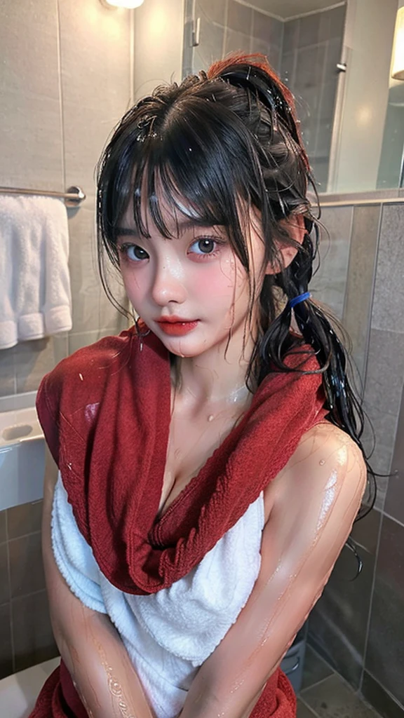 1 Girl, Beautiful, Baby Face, 20 Years Old, White Skin, Large Saggy Breasts, Cleavage, ((wearing red towel)), (Transculent), ((muscles:1.1)), ((bathroom )), Sexy Look, Girly Pose, Grey Hair Bangs, Silver Twintail, ((adorable:1.1)), ((masterpiece:1.1)), Cute Face, ((Nightly:1.3)), Black Coloured, Candid, ((wet skin)), ((wet hair)), naked