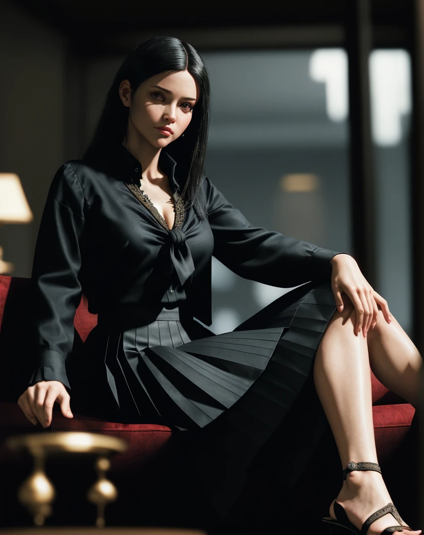 (masterpiece), (extremely intricate:1.3), (realistic), portrait of a girl, (dark fantasy, gore), (dynamic perspective), the most beautiful in the world, sitting on the couch, kicking viewers, indoors, from below, shirt, tie, pleated skirt, high-heeled sandals, smirk, Hirosaki, Aomori, professional photograph of a stunning woman detailed, sharp focus, dramatic, award winning, cinematic lighting, octane render unreal engine, volumetrics dtx, (film grain, blurry background, blurry foreground, bokeh, depth of field)
