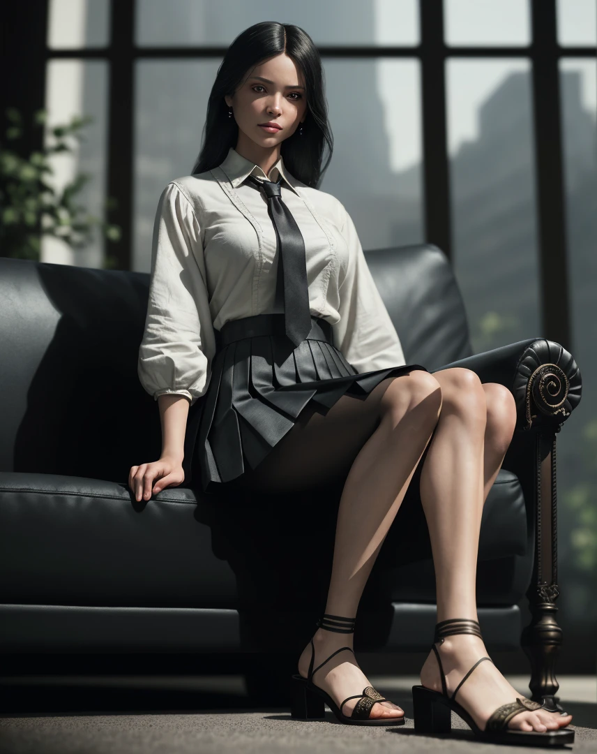 (masterpiece), (extremely intricate:1.3), (realistic), portrait of a girl, (dark fantasy, gore), (dynamic perspective), the most beautiful in the world, sitting on the couch, kicking viewers, indoors, from below, shirt, tie, pleated skirt, high-heeled sandals, smirk, Hirosaki, Aomori, professional photograph of a stunning woman detailed, sharp focus, dramatic, award winning, cinematic lighting, octane render unreal engine, volumetrics dtx, (film grain, blurry background, blurry foreground, bokeh, depth of field)