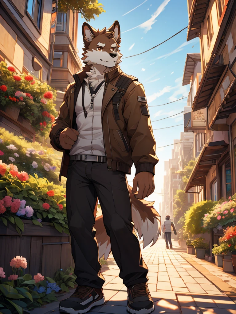 (Maximum Fineness, Dynamic HDR, 8K, FULL HD). Furry, Solo, Adult, A dog with white fur and Pale warm brown and Darker Brown on its body, Brown eyes, Black eyebrows,white fur and Pale warm brown and Darker Brown on Tail Big, Wear random clothes, Wear random pants, City,sky,sunny, in Garden.