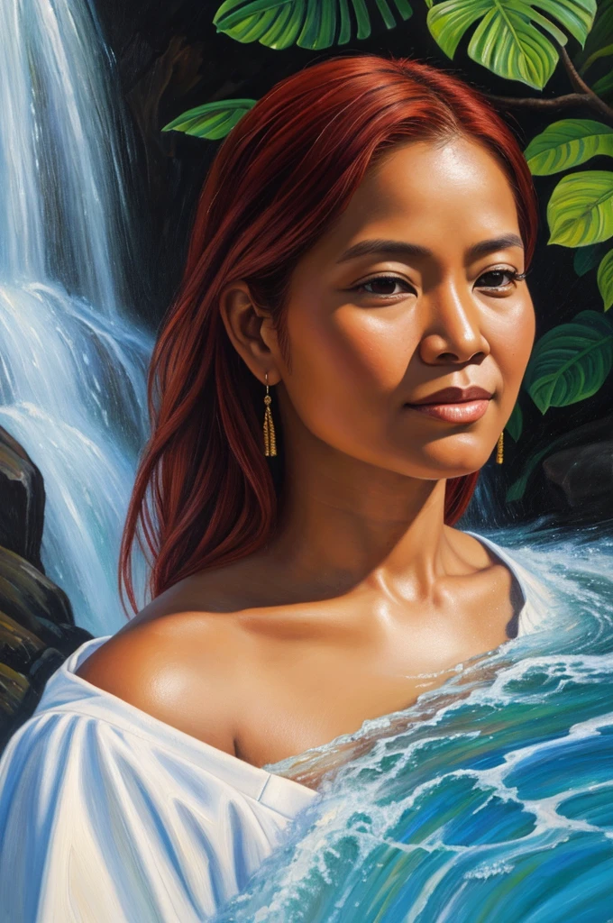 painting of a 50 year old Hawaiian woman with red hair in front of a waterfall, wearing traditional clothes , an oil on canvas painting inspired by Fernando Amorsolo, tumblr, hyperrealism, photorealistic oil on canvas, realistic oil on linen, oil on canvas painting, 4k oil on linen, extremely detailed oil portrait, oil painting of realistic woman, detailed oil painting portrait, oil on canvas detailed