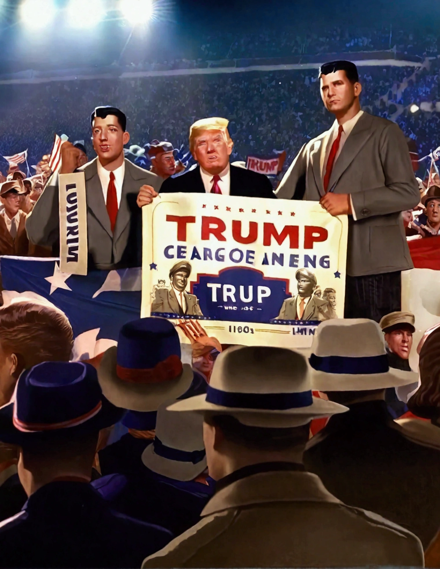 a group of three men in 1940s fashion attending a Trump rally, holding a Trump banner, a huge crowd in the background, highly detailed, photorealistic, 8k, best quality, masterpiece, intricate details