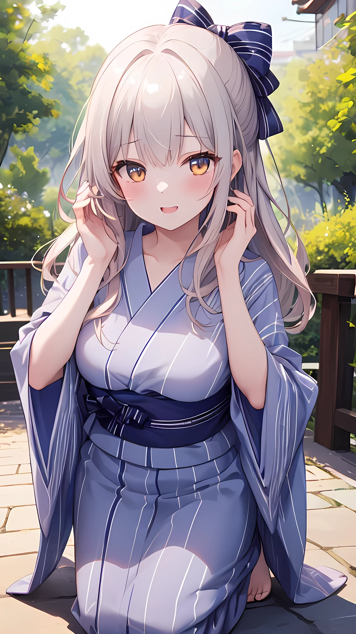 (8k, best quality, master piece: 1.2),super high resolution,1 girl, solo, kneel down on the ground and apologize, hands on ground ,ultra-detailed face, Selfie、yukata、Random hairstyle、Random hair color、one's home、(bed)、Midnight、Out of the window、Starry Sky, Collarbone, Ecstatic expression,