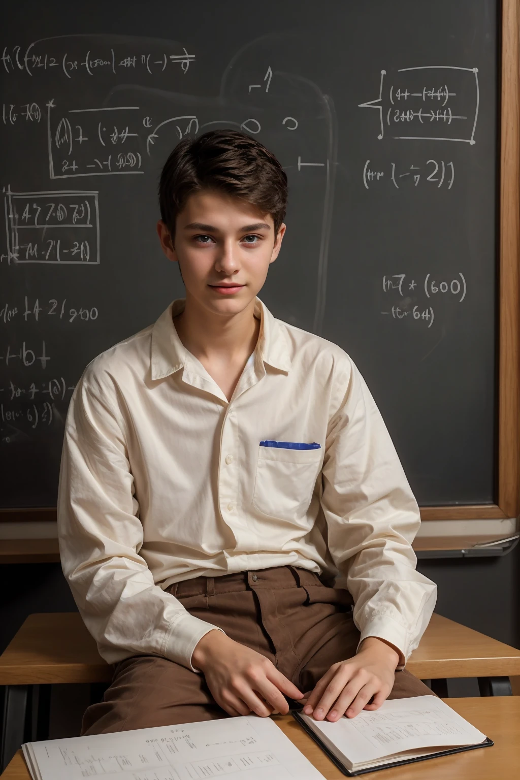 A young male twink, 22 years old, with a cute, angelic face and black hair, wearing a luxurious, long-sleeved, white shirt and brown medieval pants. Behind him is a blackboard with mathematical equations written on it, and he looks proudly as he sits at a desk with medical tools on it.