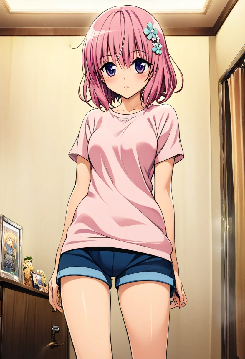 One girl, momo beria deviluke,Style of Yabuki Kentaro, To Love-Ru art style,pink short hair,purple eyes,floral hair accessory,shirt,shorts,room,masterpiece, highest quality, Detailed face, Beautiful and detailed eyes, Beautiful Face, Perfect body, Official Art, grand plix award illustration, Professional Lighting,