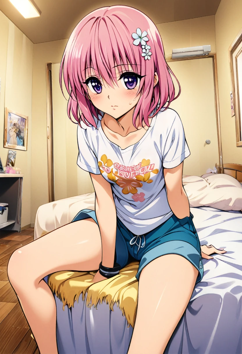 One girl, momo beria deviluke,Style of Yabuki Kentaro, To Love-Ru art style,pink short hair,purple eyes,floral hair accessory,shirt,shorts,room,masterpiece, highest quality, Detailed face, Beautiful and detailed eyes, Beautiful Face, Perfect body, Official Art, grand plix award illustration, Professional Lighting,