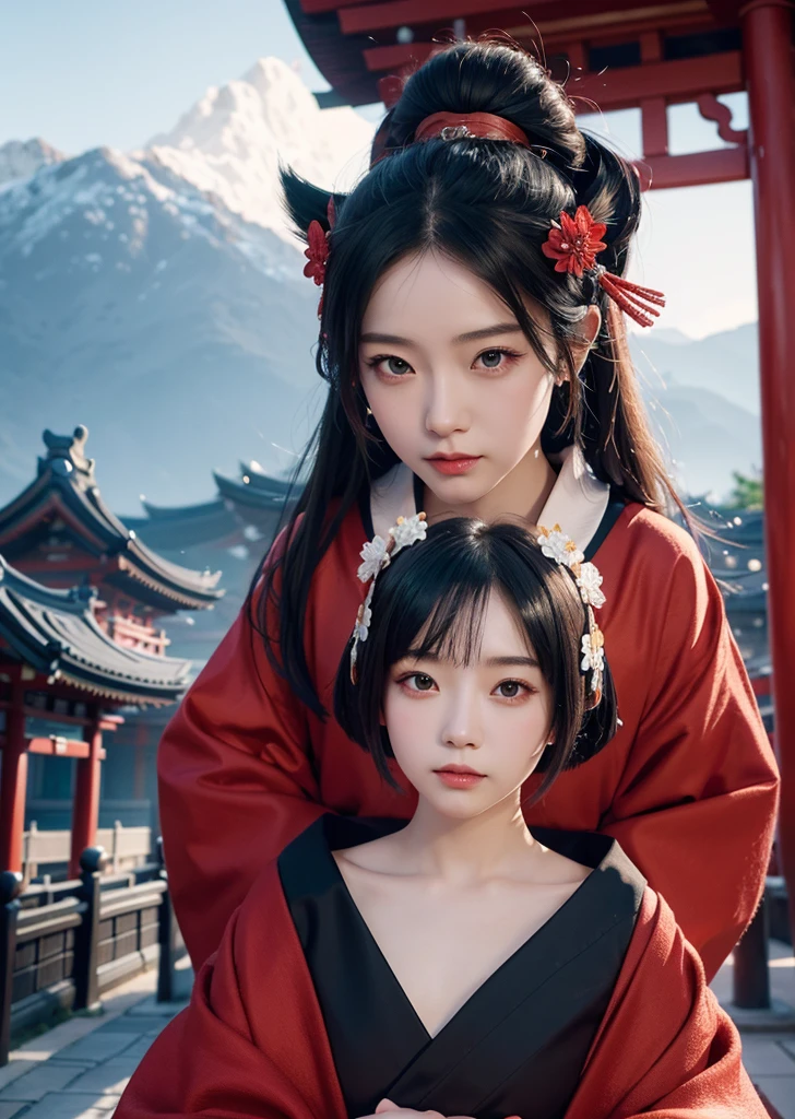Diffuse lighting、 Highest quality, High resolution, unity 8k wallpaper、Supersaturation, Colorful, 8k解像度, 1 female、Japanese、23 years old、Close-up portrait、Wearing a red dress,whole body、midnight、moonlight、Fantasy、mysterious、Standing in front of the red torii gate、Woman with a Fan, onmyoji, onmyoji detailed art, onmyoji portrait, 4K, 8k, Vibrant, Splash Art , Onmyoji、Spirit medium、