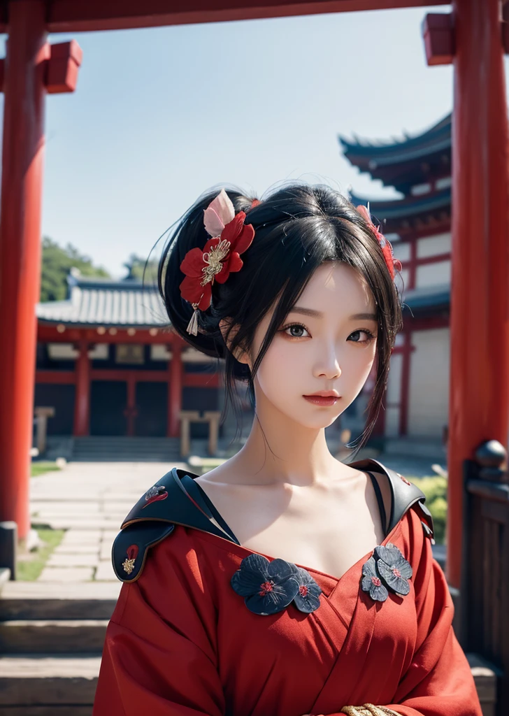 Diffuse lighting、 Highest quality, High resolution, unity 8k wallpaper、Supersaturation, Colorful, 8k解像度, 1 female、Japanese、23 years old、Close-up portrait、Wearing a red dress,whole body、midnight、moonlight、Fantasy、mysterious、Standing in front of the red torii gate、Woman with a Fan, onmyoji, onmyoji detailed art, onmyoji portrait, 4K, 8k, Vibrant, Splash Art , Onmyoji、Spirit medium、