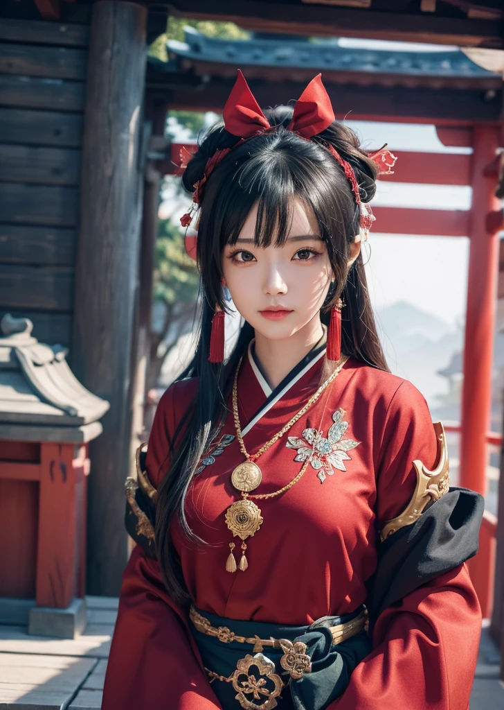 Diffuse lighting、 Highest quality, High resolution, unity 8k wallpaper、Supersaturation, Colorful, 8k解像度, 1 female、Japanese、23 years old、Close-up portrait、Wearing a red dress，whole body、midnight、moonlight、Fantasy、mysterious、Standing in front of the red torii gate、Woman with a Fan, onmyoji, onmyoji detailed art, onmyoji portrait,  4K, 8k,  Vibrant, Splash Art , Onmyoji、Spirit medium、
