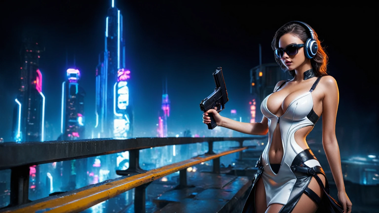 (aerial view, a (flying cars):1.8 docking platform, a very dark abandoned futuristic city, neon lights), rainy night. (((1girl, solo, alone))), large-breast:1.2 slim body, cleavage:1.1, sexy wind blowing wet dress:1.4, (((headphone, black sunglasses, standing and holding pistol:1.8, dynamic seductive pose))), (((((half-body thigh level medium shot))))), cinematic lighting, lens flare, ray tracing.