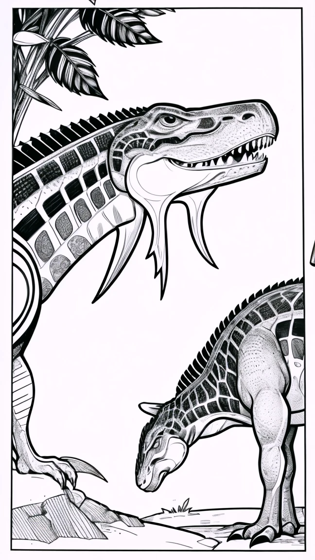 [As a coloring book, white and black color, borders should be simple, clear, distinct, and thick lines], [By Cartoon Style of dinosaur], [Feature], [Place], [Flower] --ar 3:4 --s 150