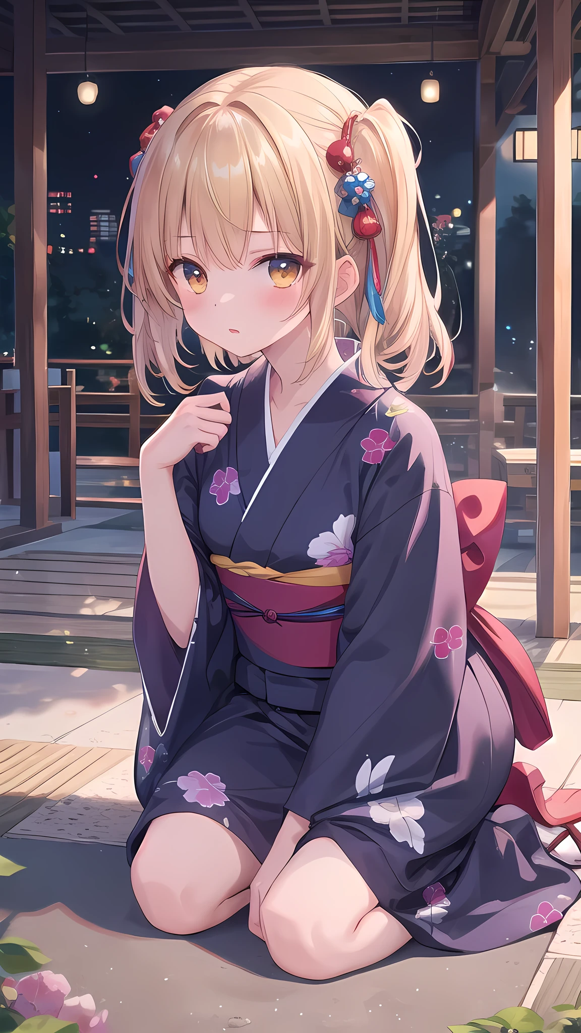(8k, best quality, master piece: 1.2),super high resolution,1 girl, solo, kneel down on the ground and apologize, hands on ground ,ultra-detailed face,yukata、Random hairstyle、Random hair color、one's home、(bed)、Midnight、Out of the window、Starry Sky, Collarbone, Ecstatic expression, high angle, cleavage