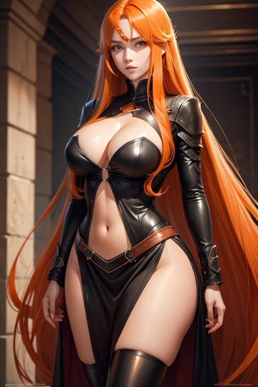 absurdly long hair, orange hair, orange eyes, huge breasts,