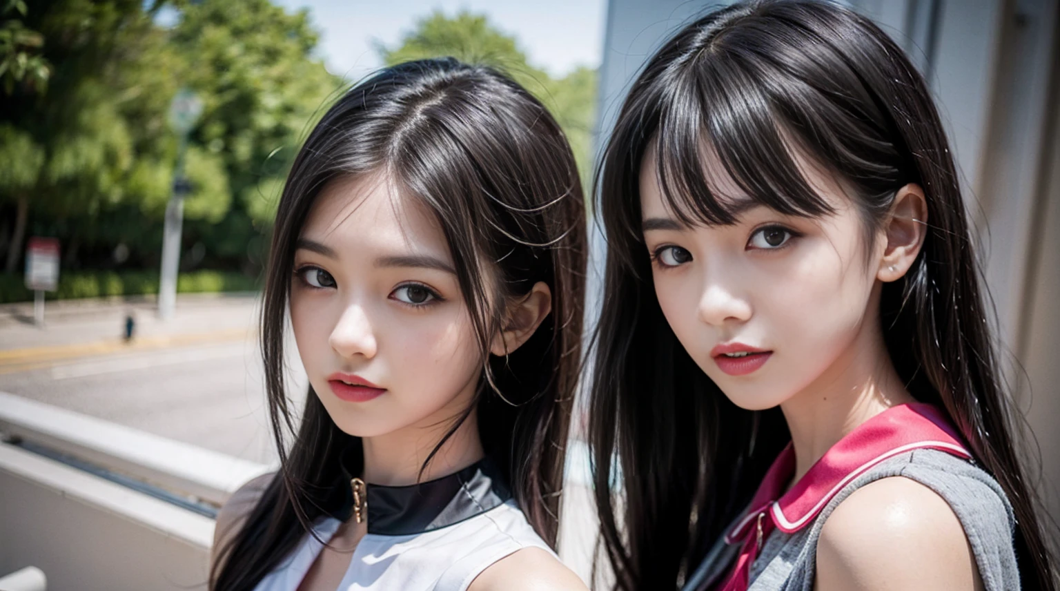 Canon RF85mmf/1.2、masterpiece、highest quality、ultra high resolution、(((girl only 32 years old)))、(japanese idol:1.2)、alone、shiny肌、very white skin、black eye、necklace、brown hair、red lips、long hair、eyelash、wavy hair、bangs、compensate、glossy lips、shiny、pores、skin texture、jewelry、bracelet、big breasts、、cleavage,(Patterned blouse),smile,(skinny jeans:1.4)、(City Park Background:1.3))
